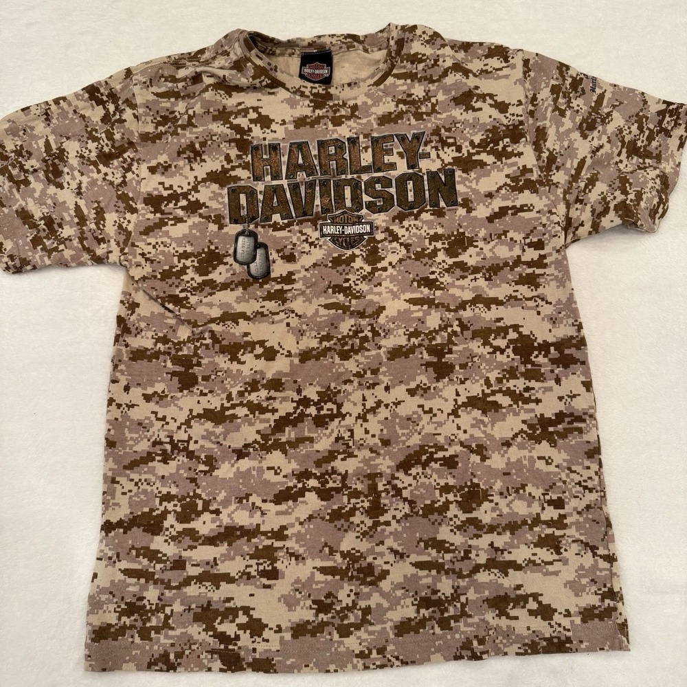 HARLEY DAVIDSON Shirt XL Camo‎ Desert Camouflage Dog Tags Army Marines Biker